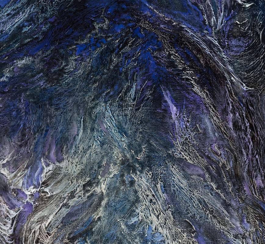 Detail of an abstract painting with reference to nature. Mainly blue and purple colors. Title: Glacies Flammae Noctis (Night Ice Flames)