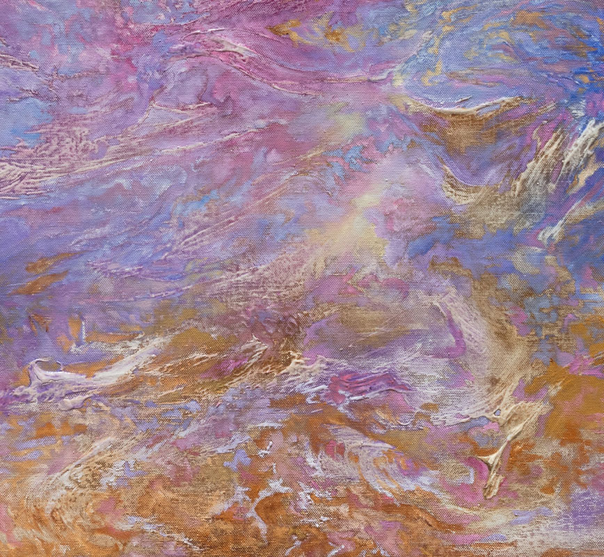 Detail of an abstract painting with reference to nature. Mainly blue and purple colors. Title: Ver Vernat (Spring Swirls)