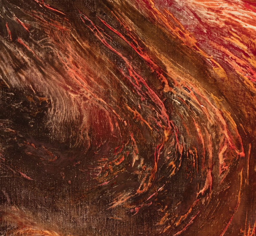 Detail of an abstract painting with reference to nature. Mainly red, black and brown colors. Title: Eruptiones