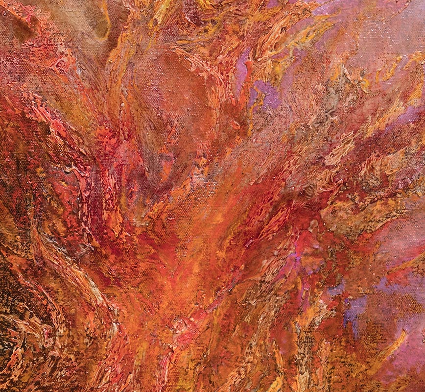 Detail of an abstract painting with reference to nature. Mainly red and purple colors. Title: Ferventes Horti (Fiery Gardens)