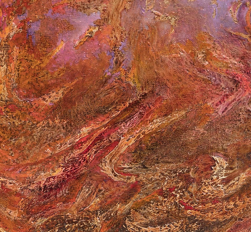 Detail of an abstract painting with reference to nature. Mainly red and purple colors. Title: Ferventes Horti (Fiery Gardens)