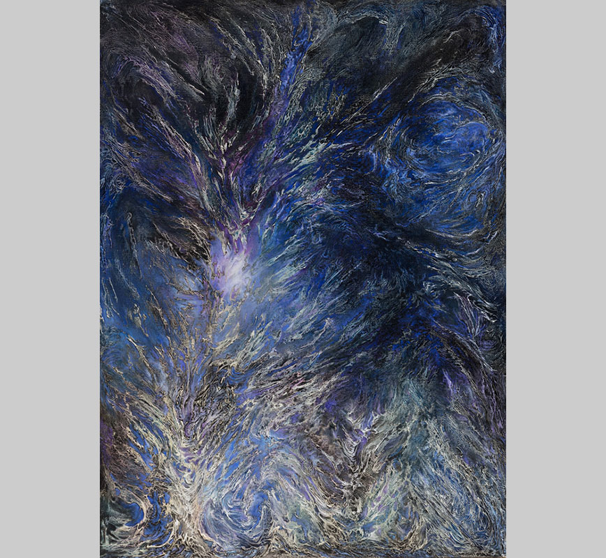 Abstract painting with reference to nature. Mainly blue and purple colors. Title: Glacies Flammae Noctis (Night Ice Flames)