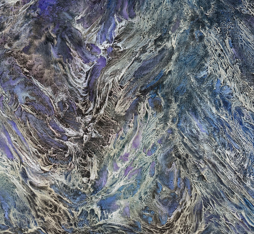 Detail of an abstract painting with reference to nature. Mainly blue and purple colors. Title: Glacies Flammae Noctis (Night Ice Flames)