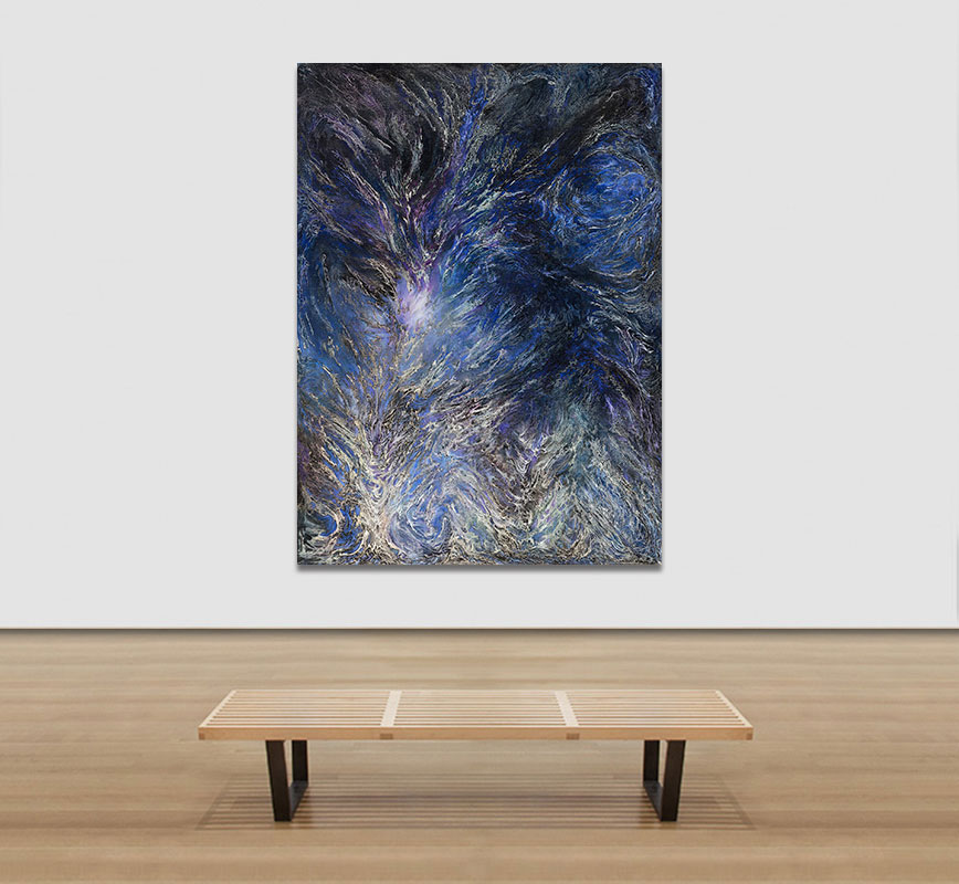 View in a room of an abstract painting with reference to nature. Mainly blue and purple colors. Title: Glacies Flammae Noctis (Night Ice Flames)