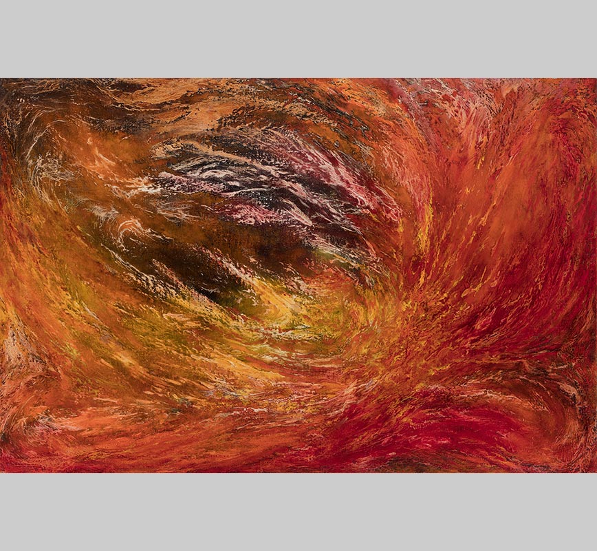 Abstract painting with reference to nature. Mainly orange and yellow colors. Title: Dies Irae