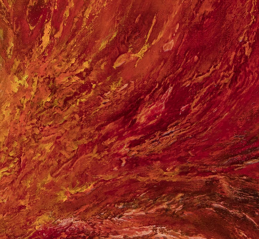 Detail of an abstract painting with reference to nature. Mainly orange and yellow colors. Title: Dies Irae