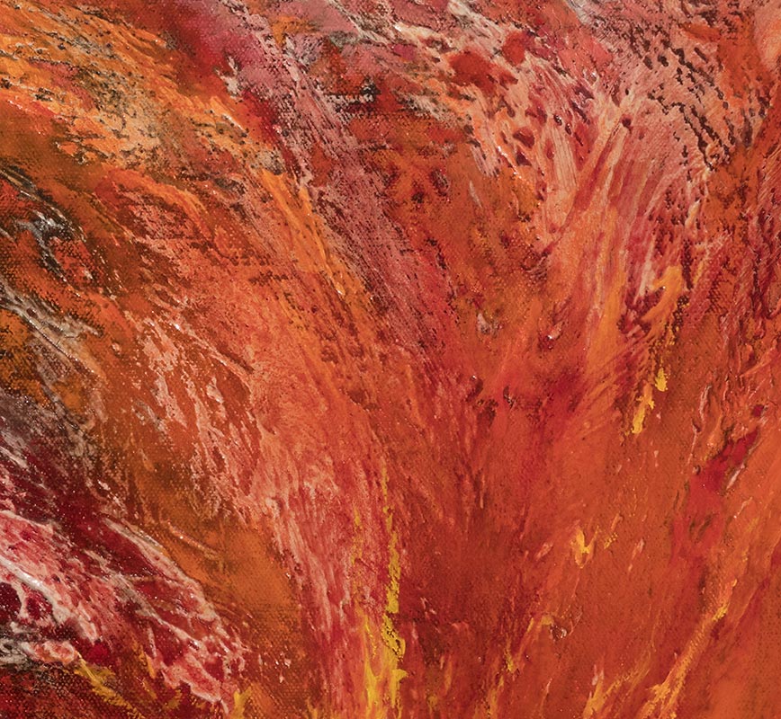 Detail of an abstract painting with reference to nature. Mainly orange and yellow colors. Title: Dies Irae