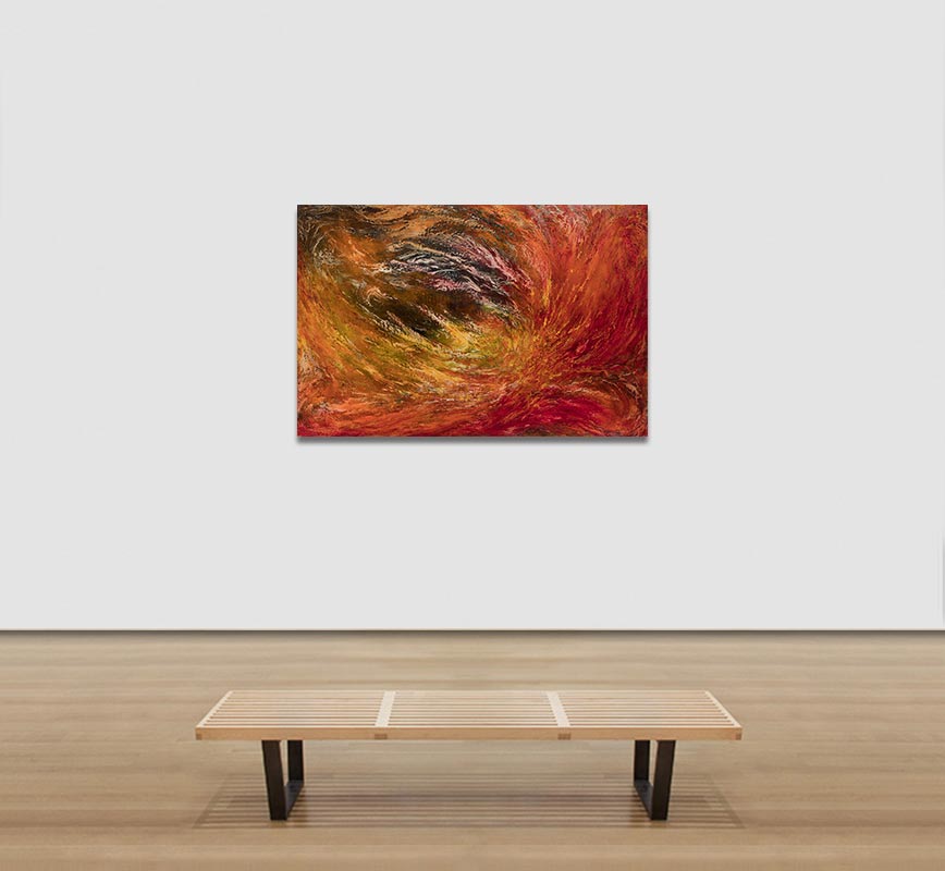 View in a Room of an Abstract painting with reference to nature. Mainly orange and yellow colors. Title: Dies Irae