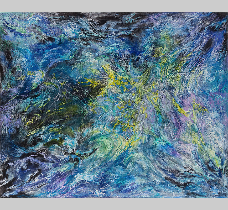 Abstract painting with reference to nature. Mainly blue, purple, and yellow colors. Title: Glacies Flammae (Ice Flames)