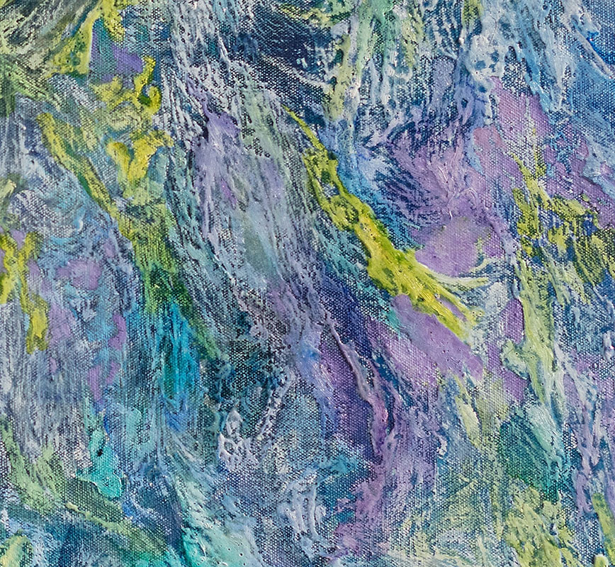 Detail of an abstract painting with reference to nature. Mainly blue, purple, and yellow colors. Title: Glacies Flammae (Ice Flames)