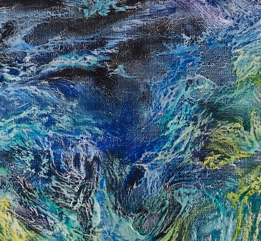 Detail of an abstract painting with reference to nature. Mainly blue, purple, and yellow colors. Title: Glacies Flammae (Ice Flames)