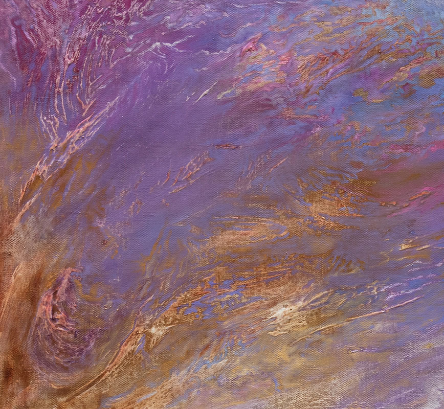 Detail of an abstract painting with reference to nature. Mainly blue and purple colors. Title: Ver Vernat (Spring Swirls)