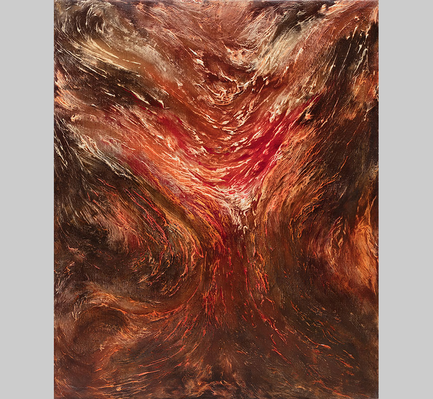 Abstract painting with reference to nature. Mainly red, black and brown colors. Title: Eruptiones