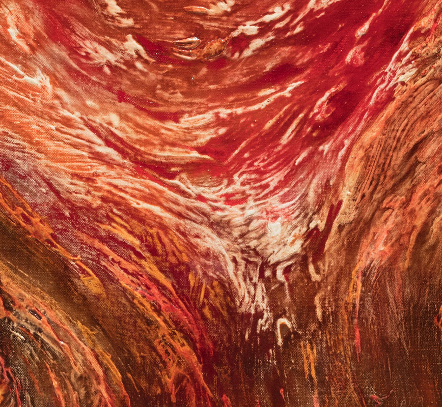 Detail of an abstract painting with reference to nature. Mainly red, black and brown colors. Title: Eruptiones