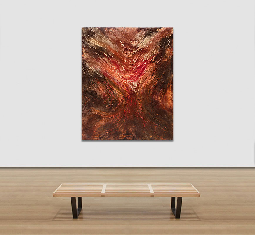 View in a room of an abstract painting with reference to nature. Mainly red, black and brown colors. Title: Eruptiones