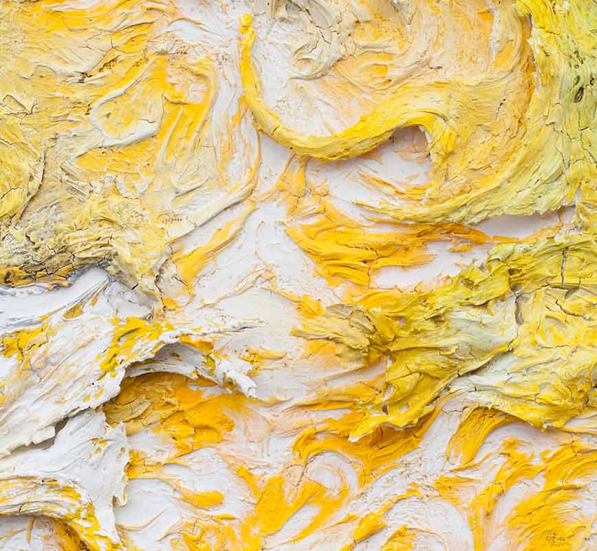 Detail of an abstract tridimensional painting with reference to nature. Mainly yellow colors. Title: Horti Solis