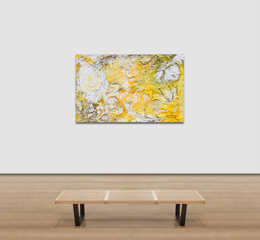 View in a room of an abstract tridimensional painting with reference to nature. Mainly yellow colors. Title: Horti Solis