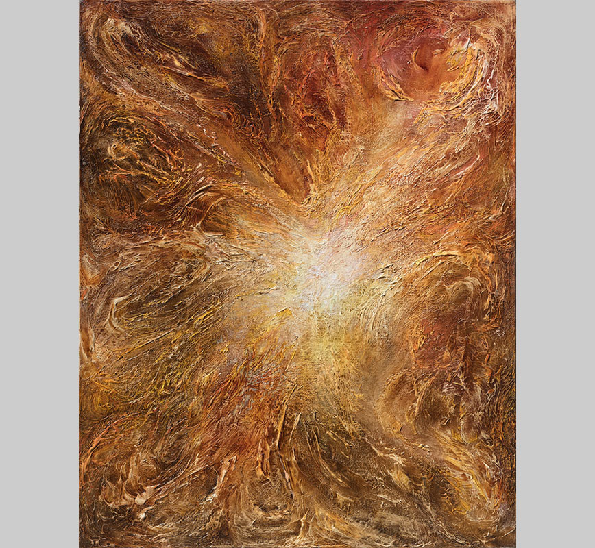Abstract painting with reference to nature. Mainly brown colors. Title: Birth of Light