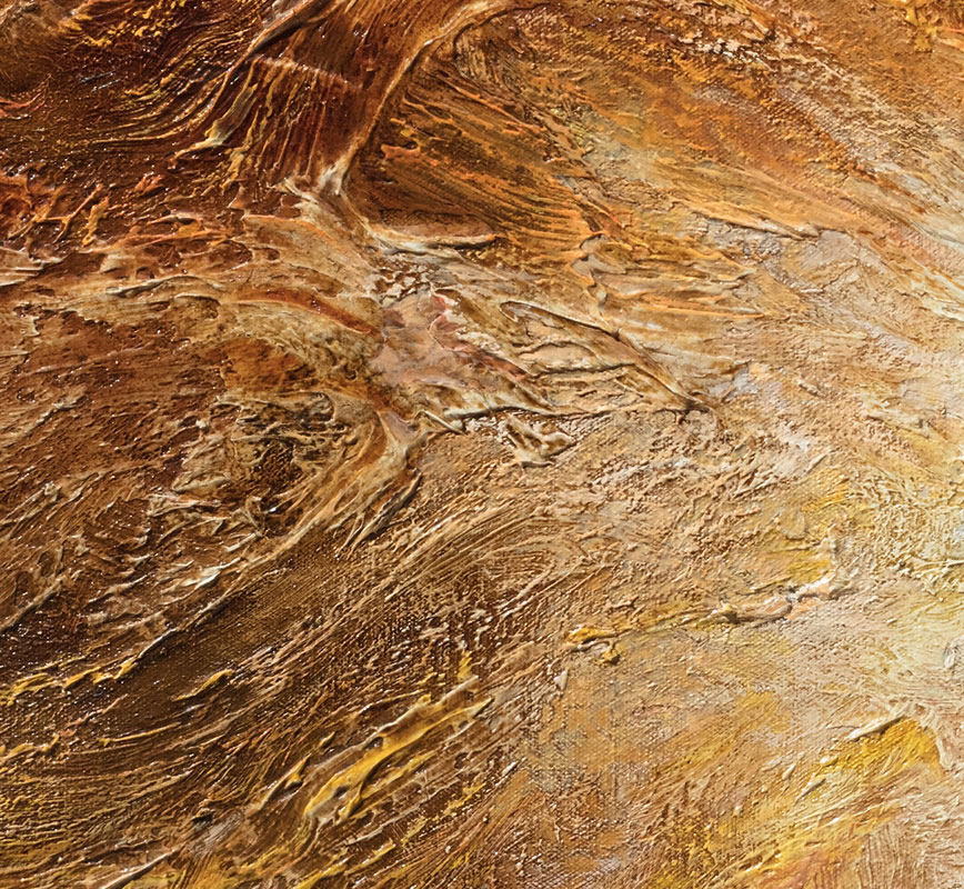 Detail of an abstract painting with reference to nature. Mainly brown colors. Title: Birth of Light