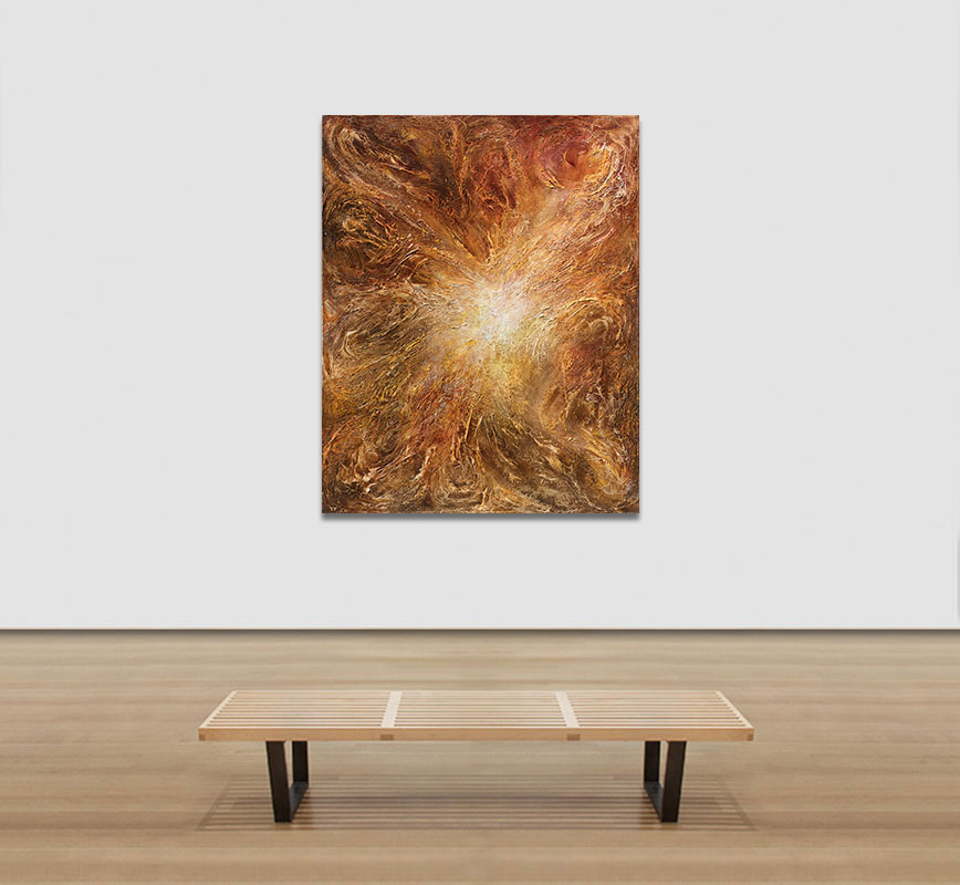 View in a room of an abstract painting with reference to nature. Mainly brown colors. Title: Birth of Light