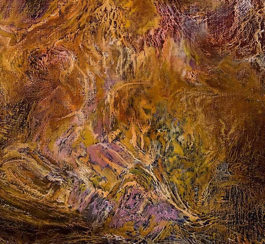 Detail of an abstract painting with reference to nature. Mainly brown colors. Title: Conflictio Confluens II