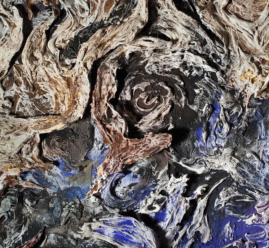 Detail of an abstract tridimensional painting with reference to nature. Mainly black and blue colors. Title: Tempestatis