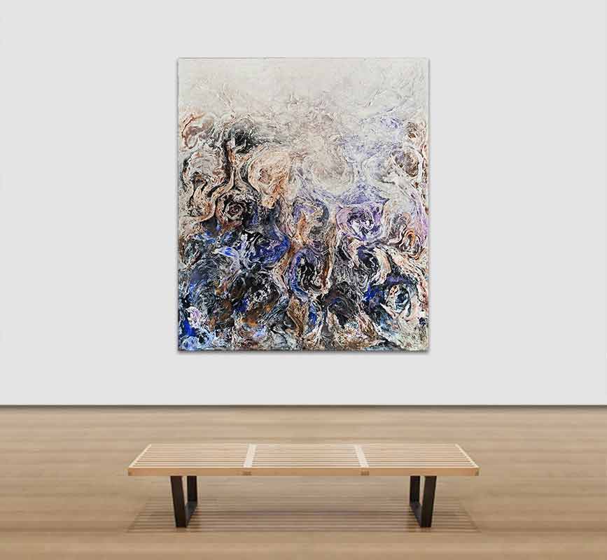 View in a room of an abstract tridimensional painting with reference to nature. Mainly black and blue colors. Title: Tempestatis