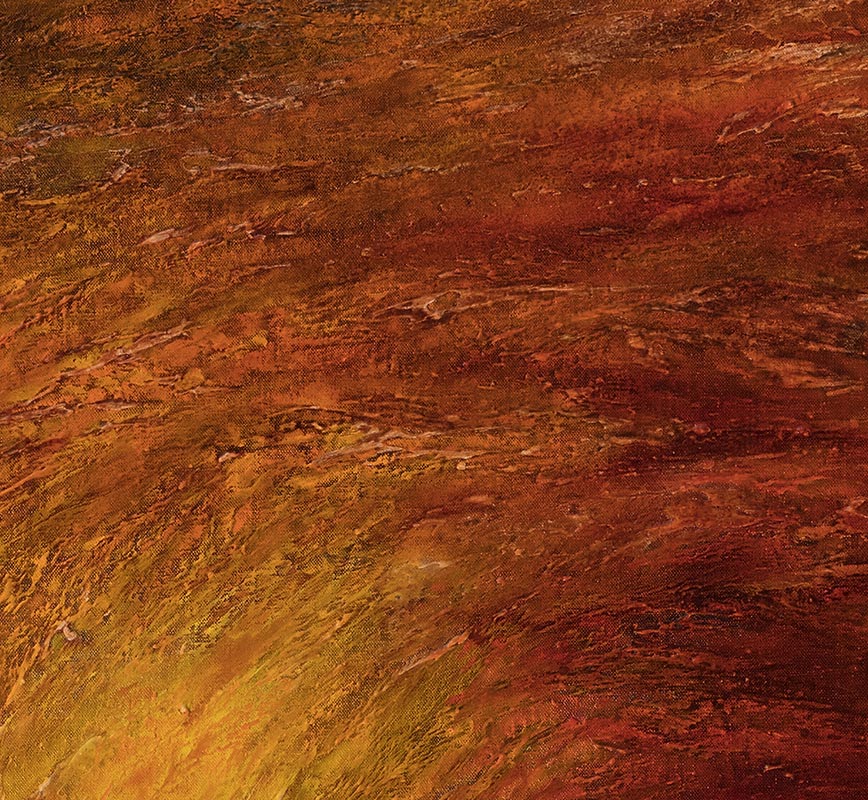 Detail of an abstract painting with reference to nature. Mainly orange and red colors. Title: Occasus