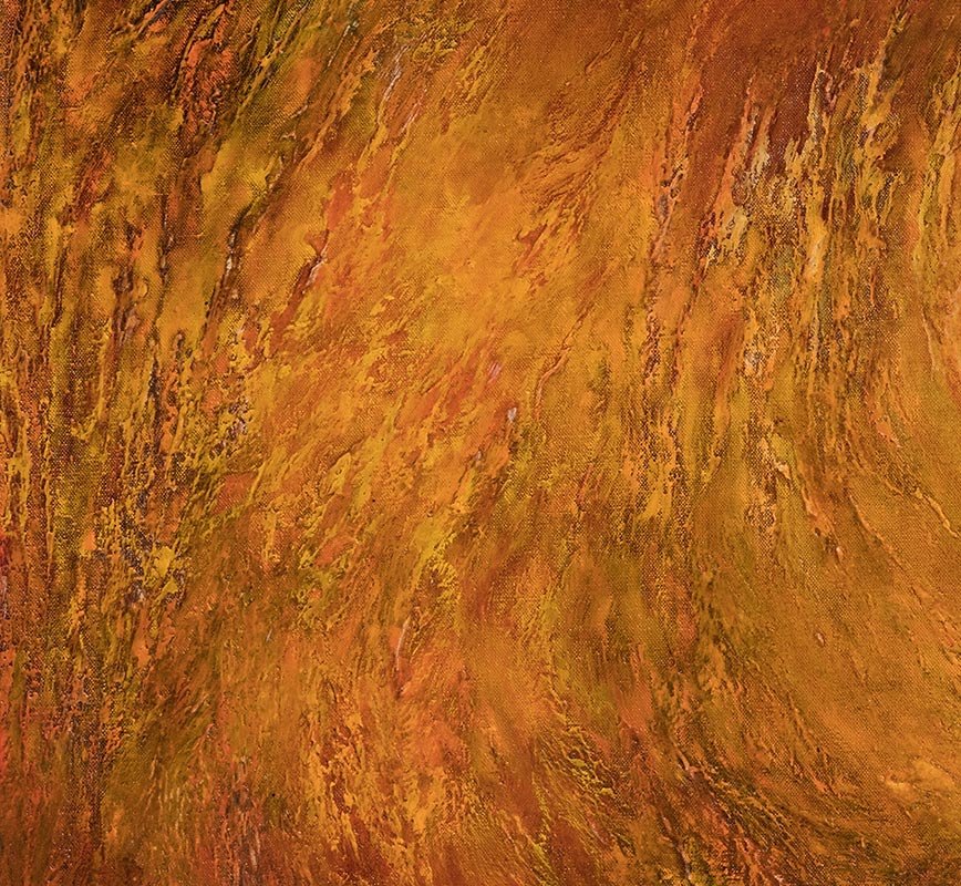 Detail of an abstract painting with reference to nature. Mainly orange and red colors. Title: Occasus