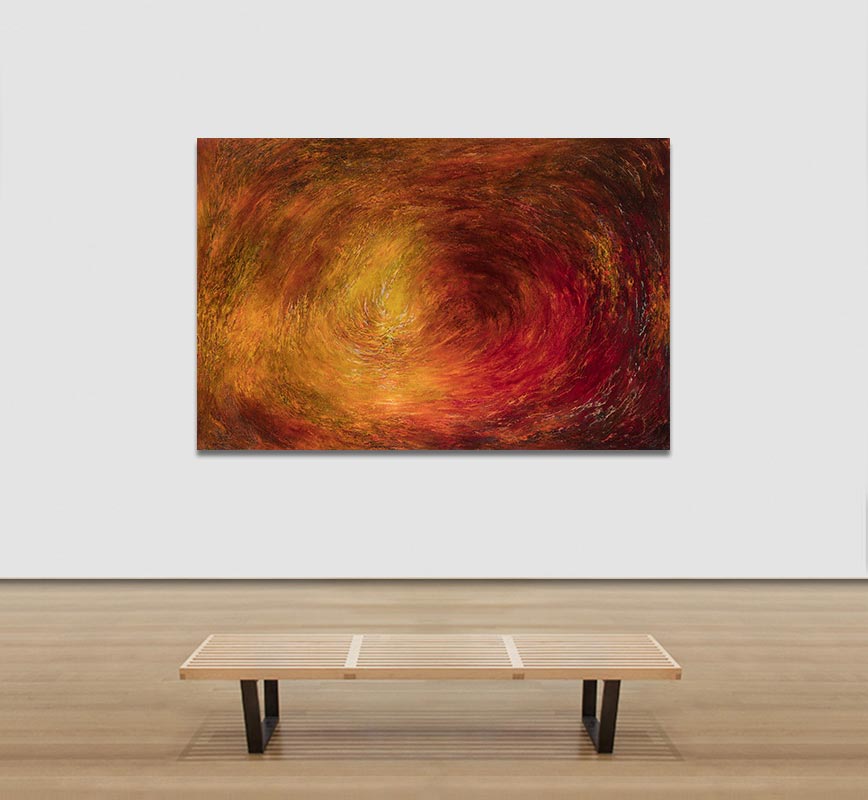View in a room of an abstract painting with reference to nature. Mainly orange and red colors. Title: Occasus