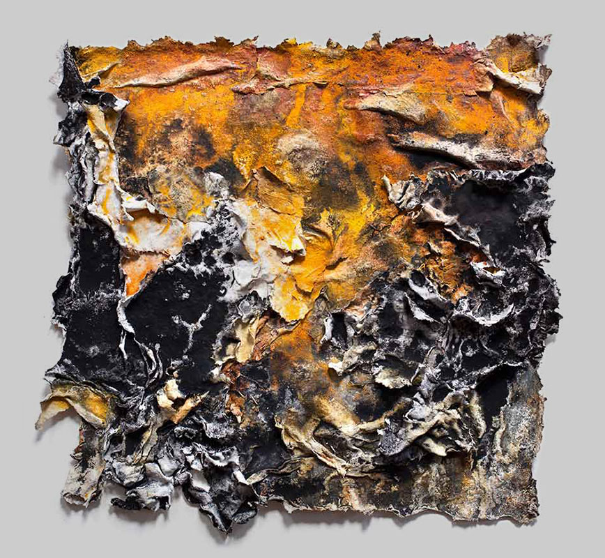 Abstract textural work on paper tridimentionally cast by the artist. Mainly orange and black colors. Title: Charta: Ater, Gilvus et Flavus