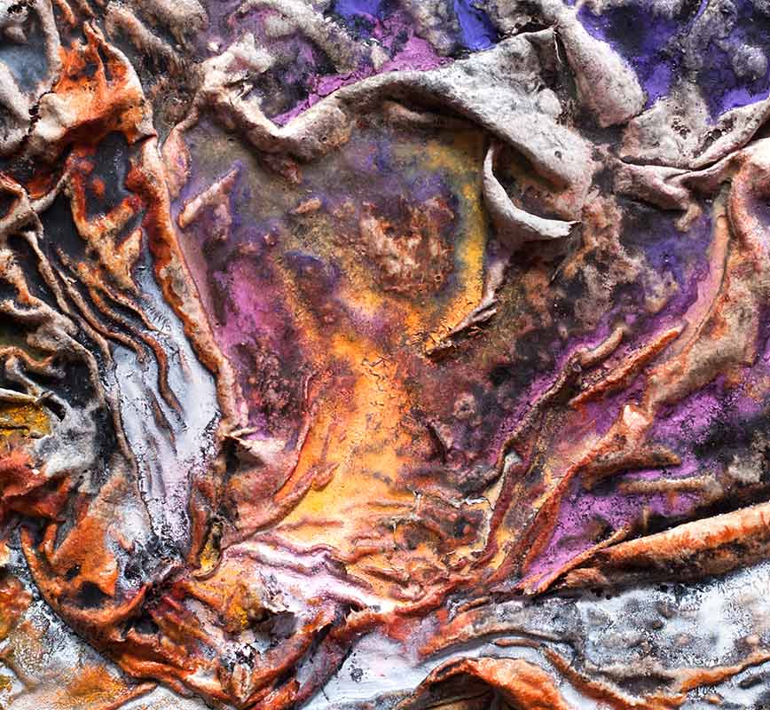 Detail of an abstract textural work on paper tridimentionally cast by the artist. Mainly purple colors. Title: Charta: Niveus, Luteus et Indicus