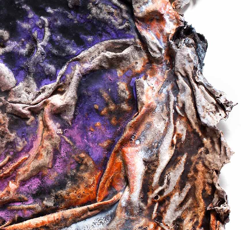 Detail of an abstract textural work on paper tridimentionally cast by the artist. Mainly purple colors. Title: Charta: Niveus, Luteus et Indicus