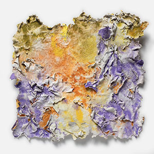 Abstract textural work on paper tridimentionally cast by the artist. Mainly yellow, orange, and purple colors. Title: Solstitium (Summer Solstice)