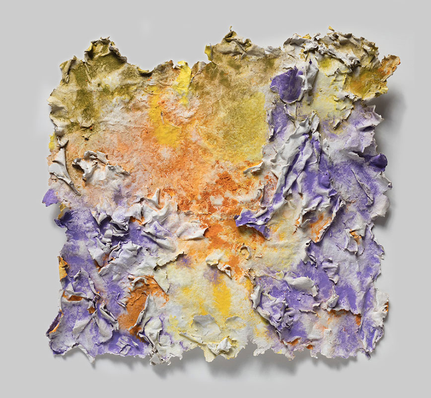 Abstract textural work on paper tridimentionally cast by the artist. Mainly yellow, orange, and purple colors. Title: Solstitium (Summer Solstice)