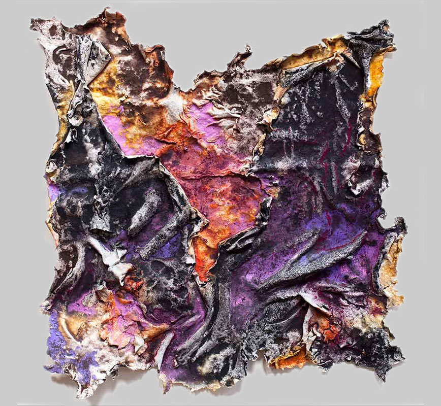 Abstract textural work on paper tridimentionally cast by the artist. Mainly purple colors. Title: Charta: Ater et Indicus