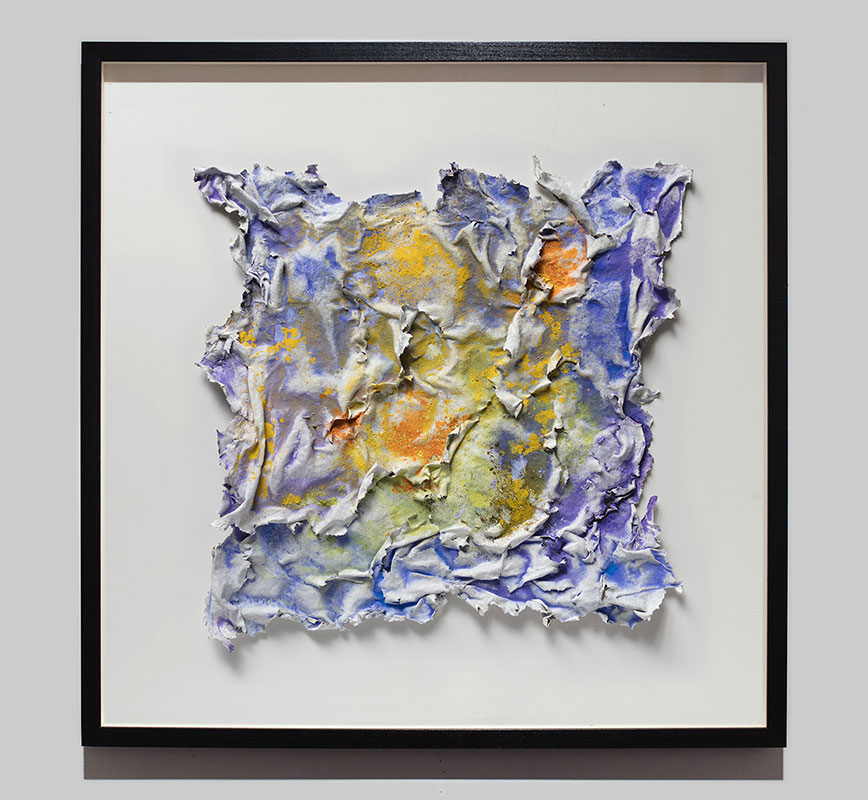 Framed abstract textural work on paper tridimentionally cast by the artist. Mainly yellow and blue colors. Title: Aequinoctium Vernum (Spring Equinox)