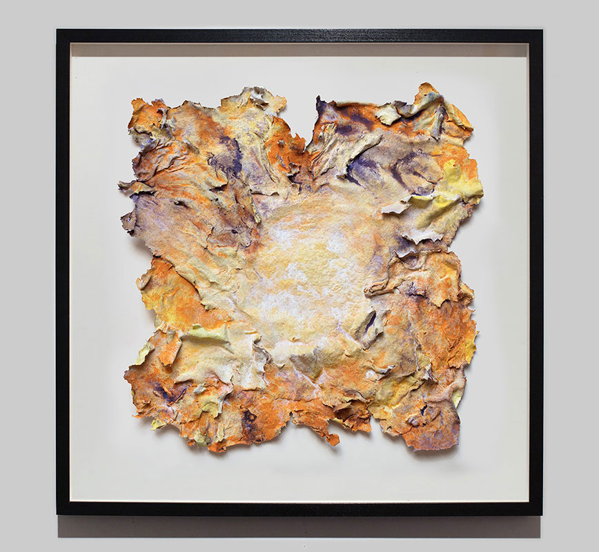 Framed abstract textural work on paper tridimentionally cast by the artist. Mainly yellow and brown colors. Title: Estate Lux (Summer Light)