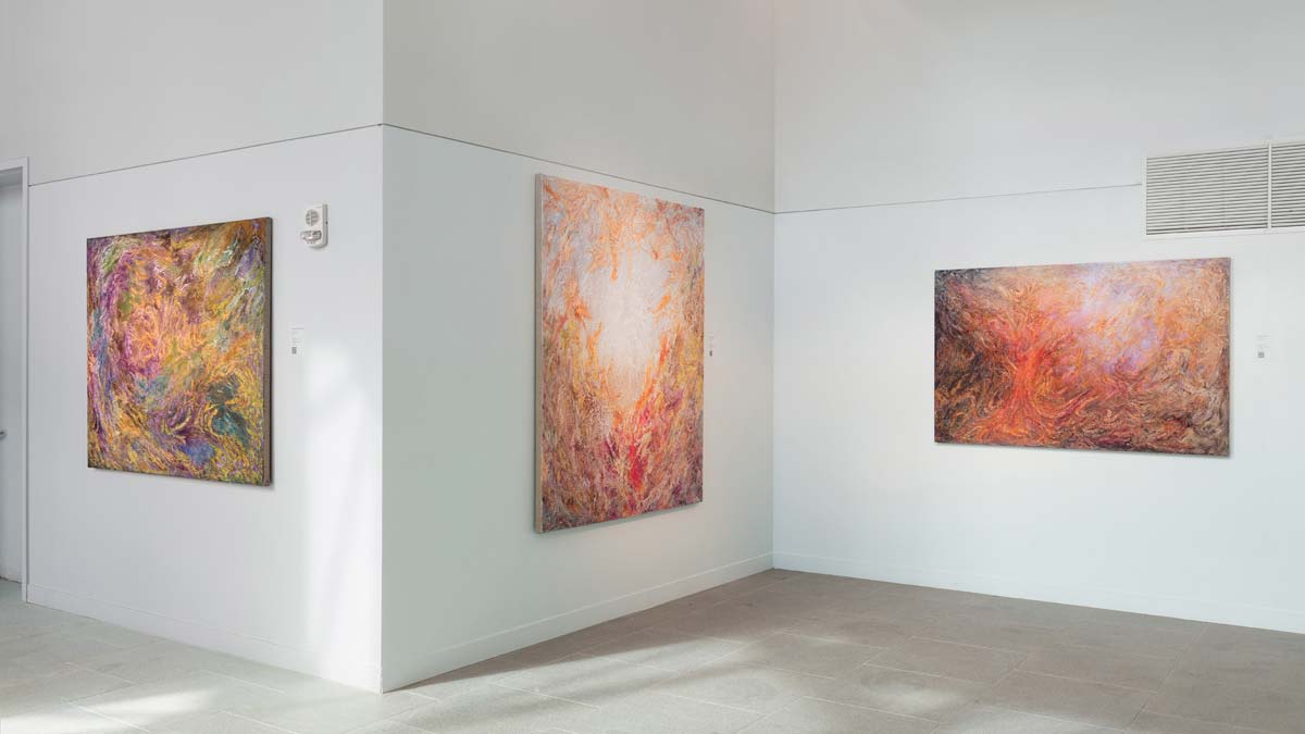 Exhibition view from COLOR - MATTERS showing a sequence of Ruggero Vanni paintings arranged to emphasize rhythm, contrast, and light
