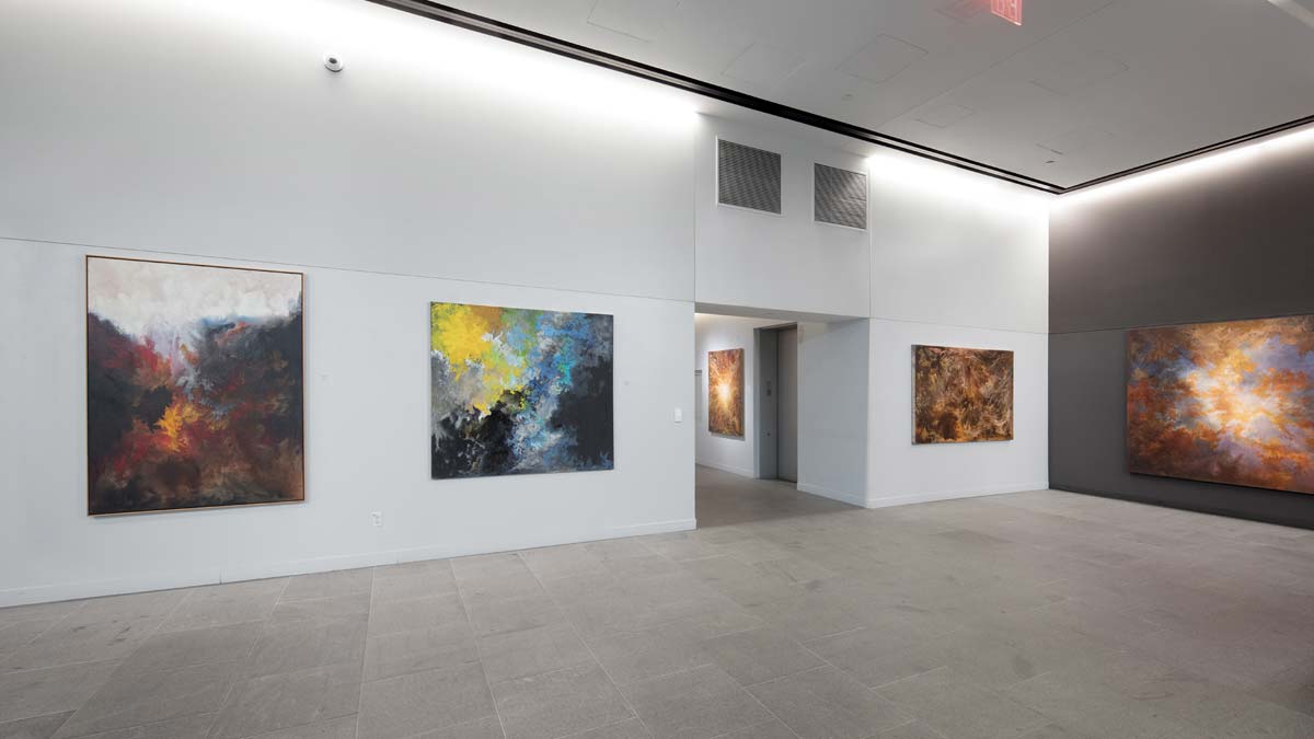 Installation view from COLOR - MATTERS showing Ruggero Vanni paintings in dialogue through contrast, saturation, and material relief